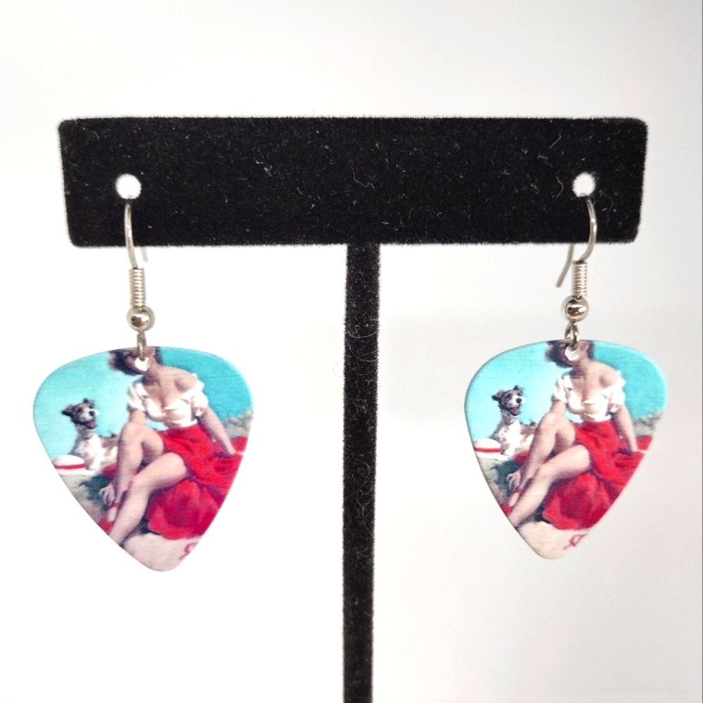 Retro Pinup girl with dog guitar pick Earrings surgical steel hooks.